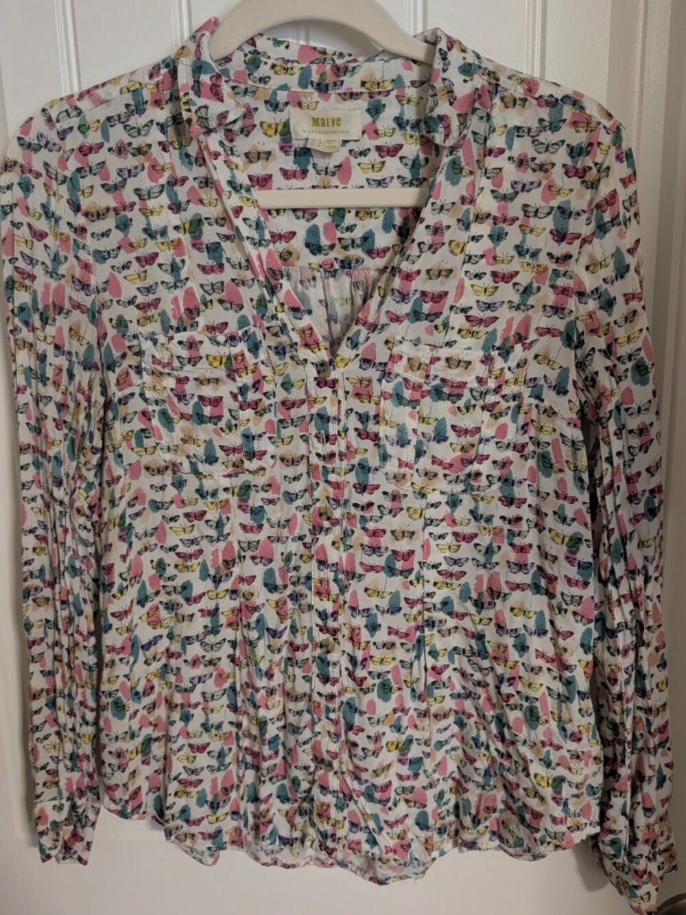 Maeve Butterfly Print Blouse Women's Size 2 Multicolor Rayon Button Front Top